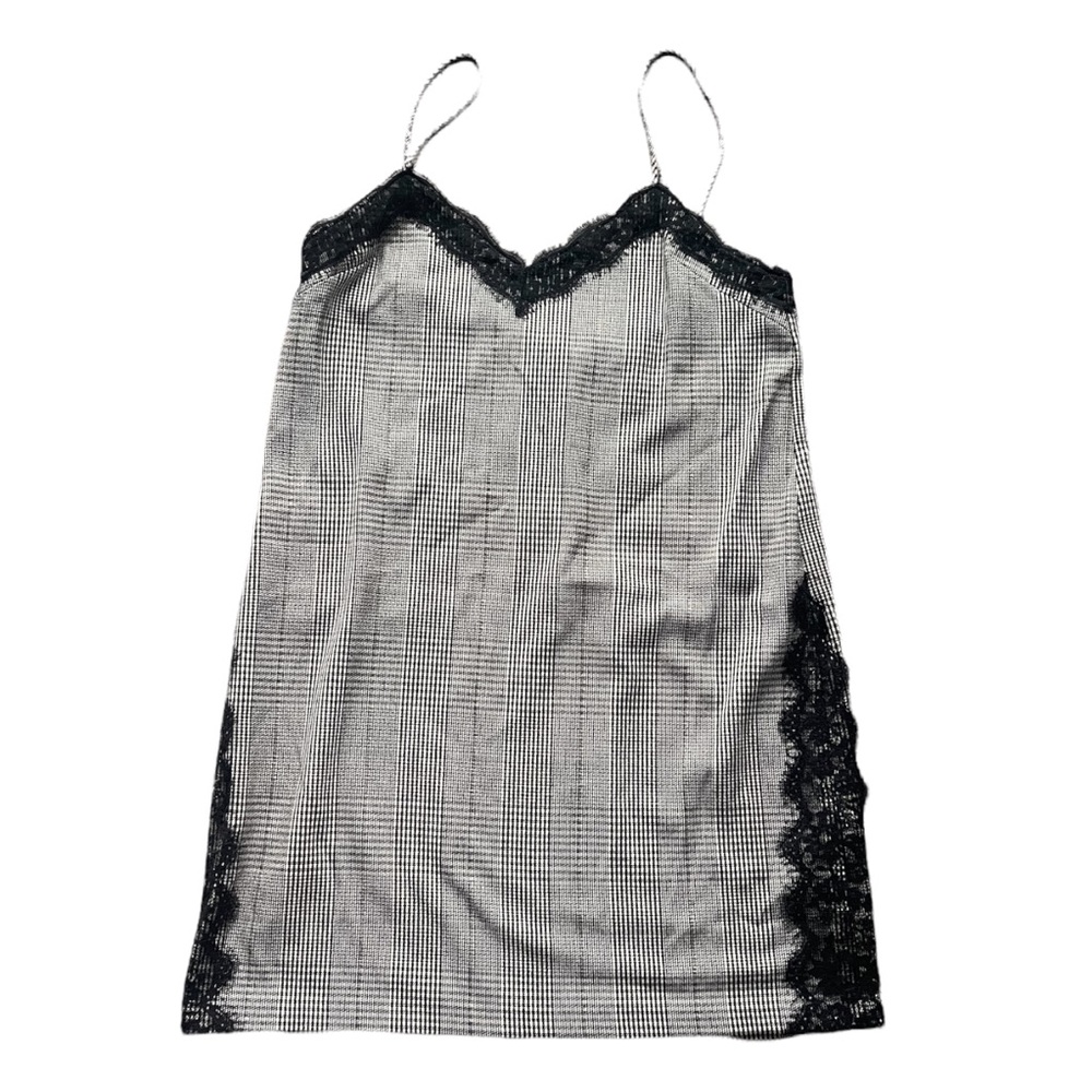 zara black and white plaid lace slip mini dress